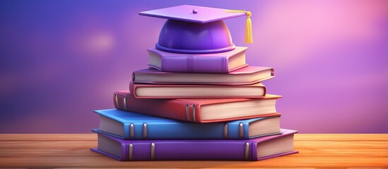 Wall Mural - Graduation cap on books symbolizing education on purple background