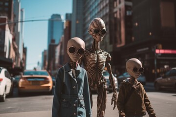 family of aliens walking down the street of a modern city as tourists, ai tools generated image