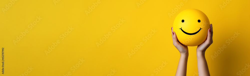 Human's hands hold smile emoji, protects positive emotion, motivation ...