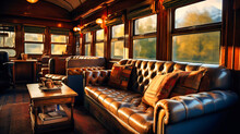 Vintage Train Cabin-inspired Study With Leather Seats And Window Views.