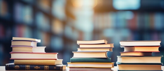 Poster - Library room with blurred book stack ideal for business and education backgrounds back to school theme Ample text space Remote learning online education idea