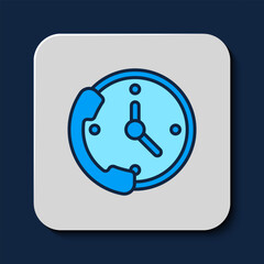 Poster - Filled outline Telephone 24 hours support icon isolated on blue background. All-day customer support call-center. Full time call services. Vector