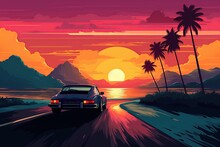 Car On The Road At Sunset. Pop Art Illustration Poster Design. Generative Ai