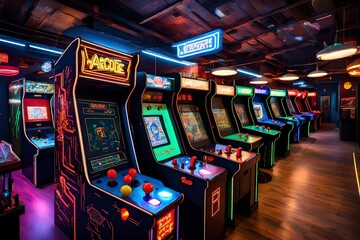 Wall Mural -  A vintage arcade with retro video game-themed walls and neon lights 
