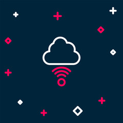 Poster - Line Network cloud connection icon isolated on blue background. Social technology. Cloud computing concept. Colorful outline concept. Vector