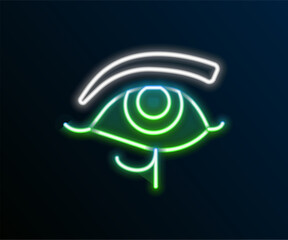 Wall Mural - Glowing neon line Eye of Horus icon isolated on black background. Ancient Egyptian goddess Wedjet symbol of protection, royal power and good health. Colorful outline concept. Vector