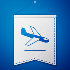 Canvas Print - Blue Plane landing icon isolated on blue background. Airplane transport symbol. White pennant template. Vector