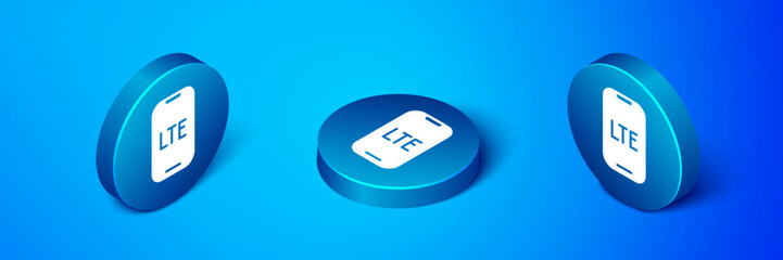 Poster - Isometric LTE network icon isolated on blue background. Blue circle button. Vector