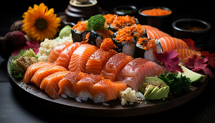 Freshness on a plate seafood, sashimi, nigiri, maki sushi, healthy eating generated by AI