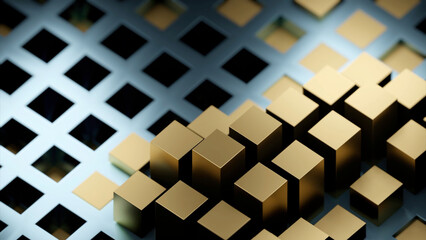 Poster - Yellow and blue squares. Design. Light animation with small geometric figures rising alternately in abstraction.