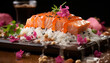 Freshness on plate Sashimi slice, rice, seafood, and gourmet generated by AI