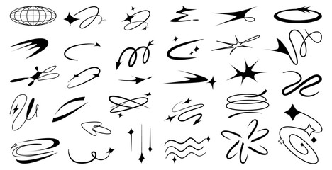 Poster - Modern minimalist aesthetic y2k line element, trendy linear shapes with stars, geometric forms. Vector simple decorative boho style border, cosmic objects. Arch frame with sparkle for social media des