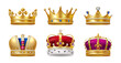 Set of crown in realistic design, golden royal jewelry symbol of king queen and princess, isolated icons. Sign of crowning prince authority. Crown jewels symbol of emperor, coronet sign vector