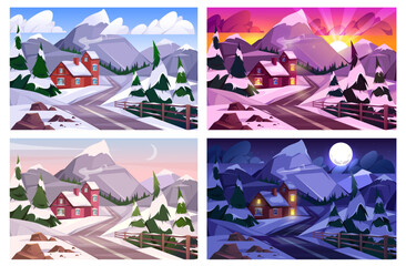 Landscape winter time day night sunrise sunset, flat cartoon illustration. Vector cottage house in mountains, light at windows at night. Village countryside, trees in snow, evening or morning