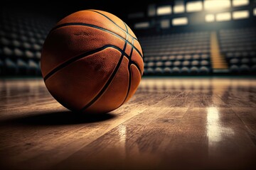 Wall Mural - Basketball ball on the floor of a sports arena