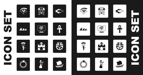 Canvas Print - Set Butterfly fish, Eye of Horus, Egypt pyramids, Cross ankh, Egyptian pharaoh, and lotus icon. Vector