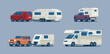 Set of different campers and caravan trailers. Vector illustration.