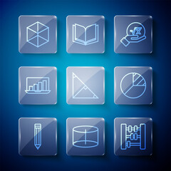 Poster - Set line Pencil, Geometric figure Cylinder, Abacus, Square root of x glyph, Angle bisector triangle, Laptop with graph chart, Cube and Pie infographic icon. Vector