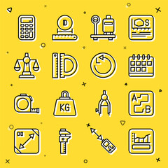 Poster - Set line Graph, schedule, chart, diagram, Route location, Calendar, Scale with suitcase, Protractor and ruler, Scales of justice, Calculator and Radius icon. Vector