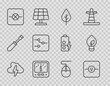 Set line Cloud and lightning, Voltmeter, Leaf Eco symbol, Ampere multimeter, Lamp electronic circuit, Switch, Computer mouse and Light bulb with leaf icon. Vector
