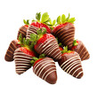 Fresh delicious sweet strawberries dipped in milk chocolate with white stripes. Isolated cutout on transparent or white background.