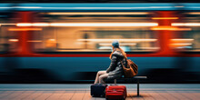 Femme Avec Ses Bagages Attendant Le Train Sur Le Quai De La Gare, Arrière Plan Flou Avec Le Passage à Grande Vitesse D'un Train