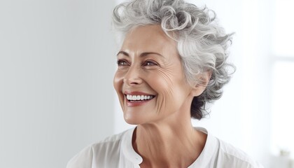 Beautiful, gorgeous 50s mid age beautiful elderly senior model woman laughing and smiling. Close up portrait. Healthy face skin care beauty.