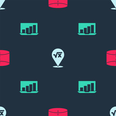 Poster - set geometric figure cylinder, square root of x glyph and laptop with graph chart on seamless patter