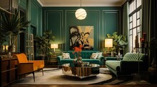 Classic Living Room Interior With Green Sofa, Armchair And Plant , Art Deco Green Apartment. Ai Generative