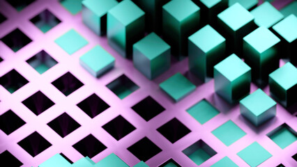 Poster - Yellow and blue squares. Design. Light animation with small geometric figures rising alternately in abstraction.