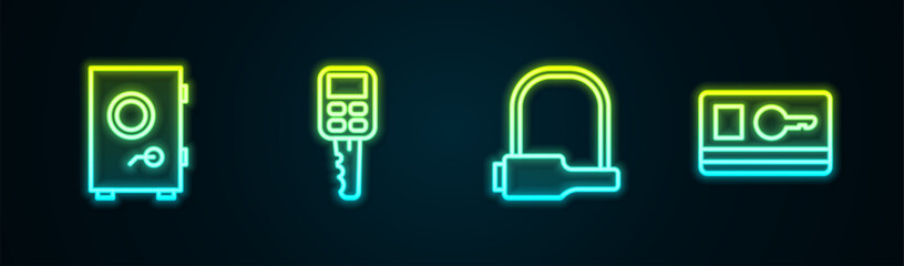 Wall Mural - Set line Safe, Car key with remote, Bicycle lock and Key card. Glowing neon icon. Vector