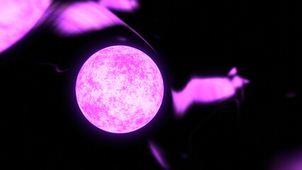 Poster - Glowing 3d ball of energy with radiations. Design. Glowing energy ball with thermal energy and radiation. Magnetic radiation of energy in space from light ball