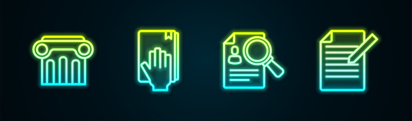 Poster - Set line Law pillar, Oath on the Holy Bible, Paper analysis magnifying and Document and pen. Glowing neon icon. Vector