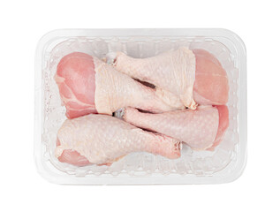 Wall Mural - Raw Chicken Drumsticks in a Plastic Container Isolated, Uncooked Poultry Legs, Fresh Hen Meat