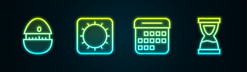 Sticker - Set line Kitchen timer, Sun, Calendar and Old hourglass. Glowing neon icon. Vector