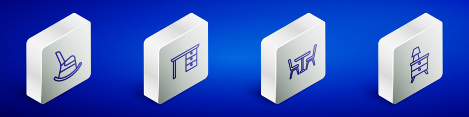 Poster - Set Isometric line Rocking chair, Office desk, Table with and Nightstand lamp icon. Vector