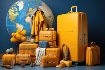 There are a lot of yellow suitcases, clothes and a glabus on a blue background. The concept of summer holidays and travel