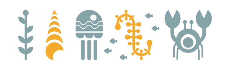 Poster - Sea and Marine Fauna Flat Icon and Pictogram Vector Set