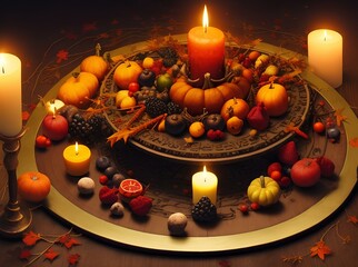 Wiccan altar for Mabon sabbat. fruits, pumpkins, candle, nuts and wheel of the year on abstract dark background.