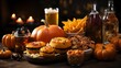 A whimsical table full of halloween treats and snacks, from squash and pumpkin to oranges and candles, creating a cozy indoor meal for family and friends to enjoy