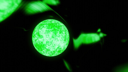 Poster - Glowing 3d ball of energy with radiations. Design. Glowing energy ball with thermal energy and radiation. Magnetic radiation of energy in space from light ball