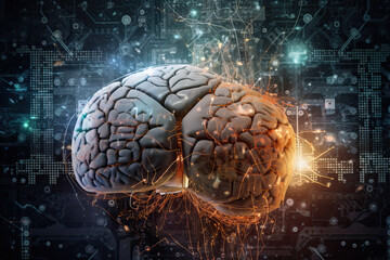Fototapete - Futuristic looking brain with glowing data and computer components around