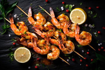 Wall Mural - grilled shrimp skewers with chopped parsley and lemon on black stone. Top view