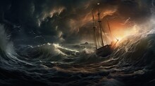 Ship In The Middle Of The Storm In The Ocean. Huge Waves An Strikes & Lightnings.