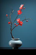 Graceful Branch With Blossom Red Flowers In Light Blue Vase