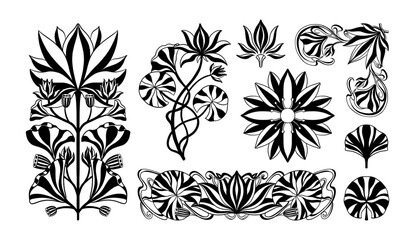 Wall Mural - Floral lotus plant in art nouveau 1920-1930. Hand drawn in a linear style with weaves of lines, leaves and flowers.