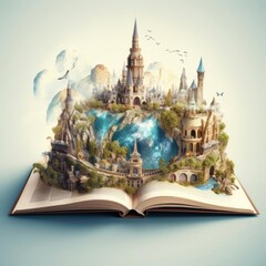 Fantastic world on the pages of an open magic book. Nature concept.