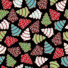 Gingerbread cookies pattern. Christmas cookies print. Christmas tree shape sweets. Happy New Year delicious pattern. Gingerbread glazed cookie wallpaper. Cookies background. Holiday  fabric texture .