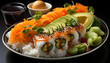 Freshness on plate seafood, rice, vegetable, sashimi, salad, avocado, cucumber, carrot, nori, sesame generated by AI
