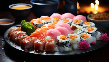 Canvas Print - Freshness and cultures on a plate, sashimi and nigiri delight generated by AI